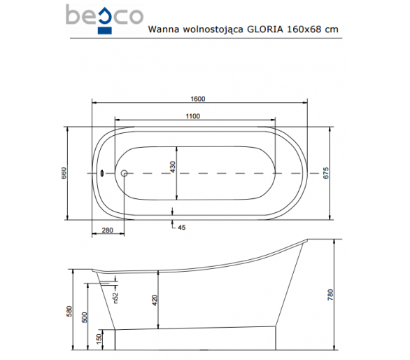 Окремо стоїть ванна BESCO GLORIA NOVA ретро 160х68 з сифоном