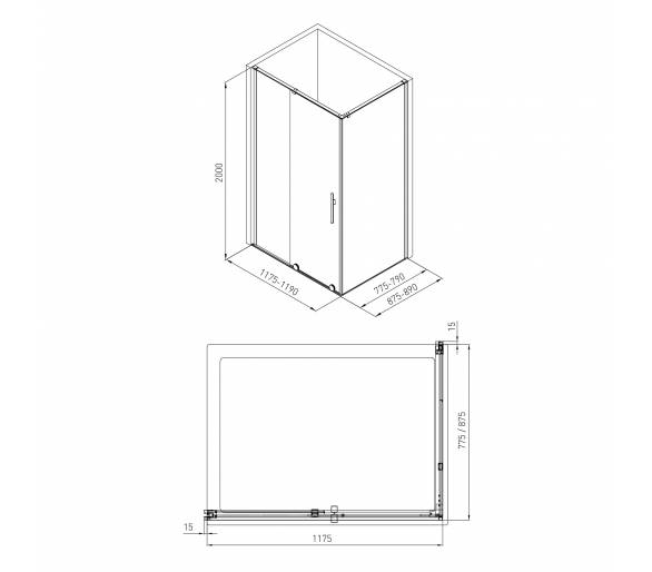 Душова кабіна TEO 117,5x87,5x200 см прозоре скло 8мм