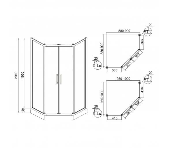 Пятиугольная душевая кабина IRIS 90x90x211см с поддоном и сифоном
