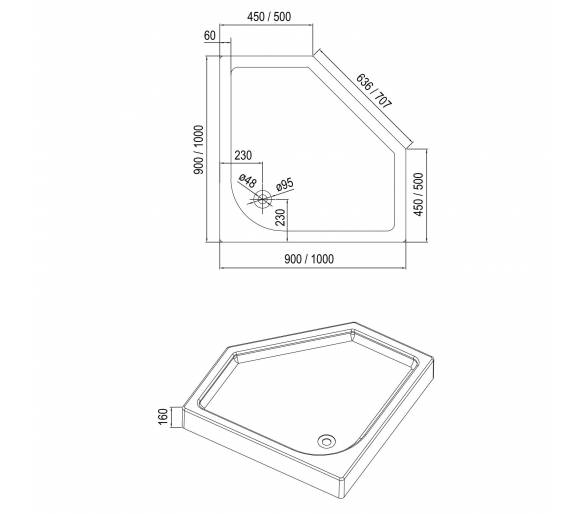 П'ятикутна душова кабіна IRIS 90x90x211см з піддоном і сифоном