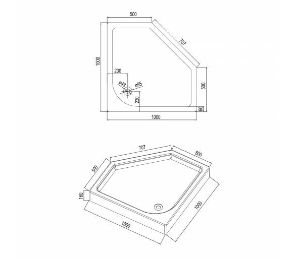П'ятикутна душова кабіна IRIS 100x100x211см з піддоном і сифоном