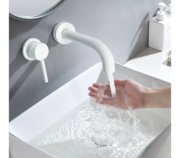 Кран для мийки (умивальник) REA LUNGO WHITE MAT + BOX кріплення на білому настінному змиві
