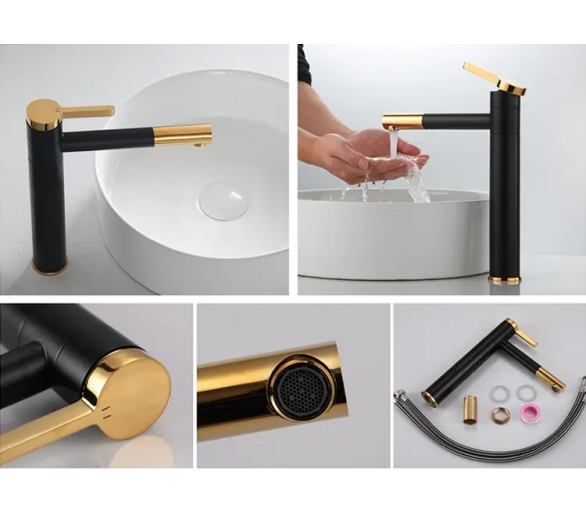 Смеситель для раковины (умывальника) REA SMART BLACK+GOLD черный золотой высокий