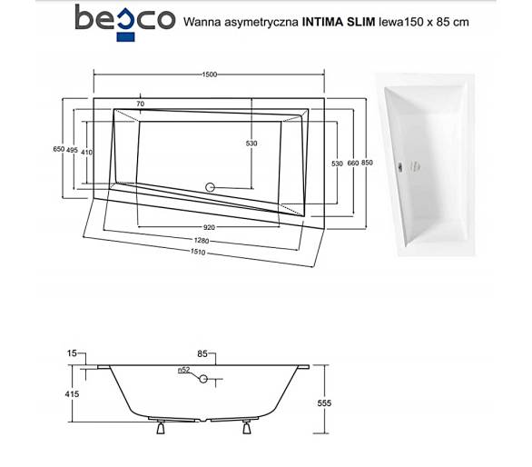 Акрилова ванна BESCO INTIMA SLIM 150х85 см. зліва