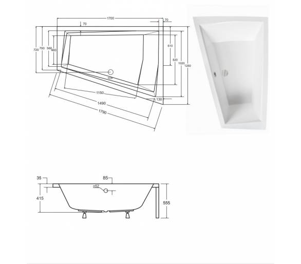 Акрилова ванна BESCO INTIMA SLIM 170х125 см. зліва