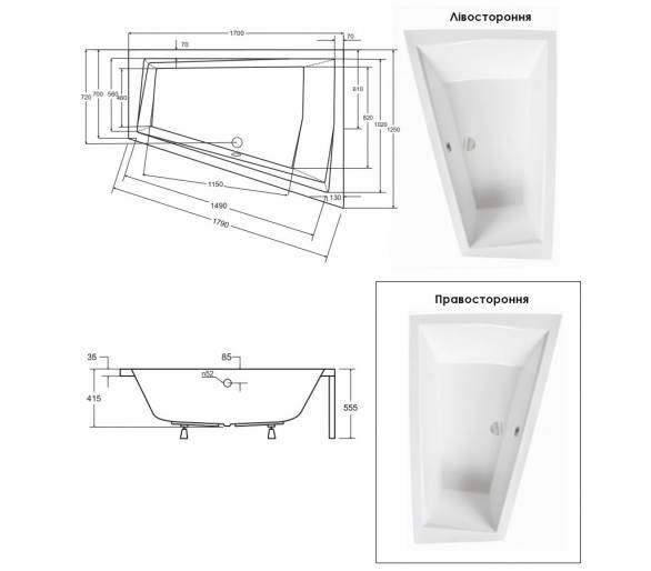 Акриловая ванна BESCO INTIMA SLIM 170х125 см. правая