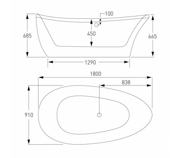Ванна окремостояча 180x91x68,5 см овальна з сифоном, акрил