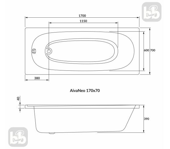 Ванна AIVA NEO 170х70см без ніжок, акрил 5мм