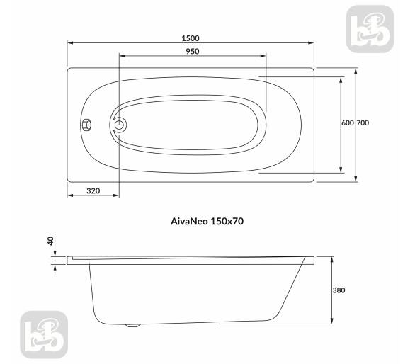 Ванна AIVA NEO 150х70см без ніжок, акрил 5мм