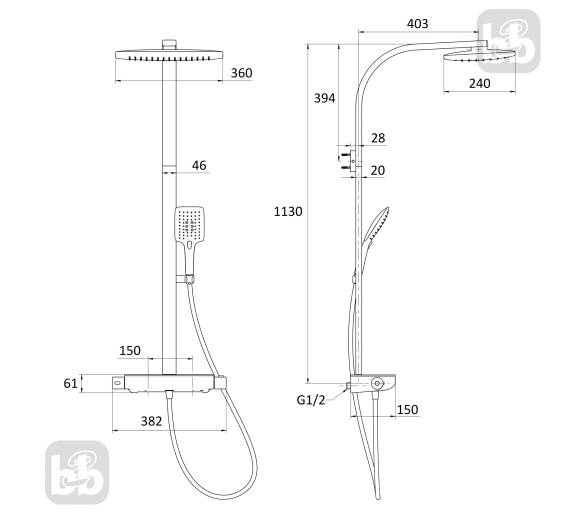 Душевая система CENTRUM SQP 360 ABS+ без смесителя, Imprese