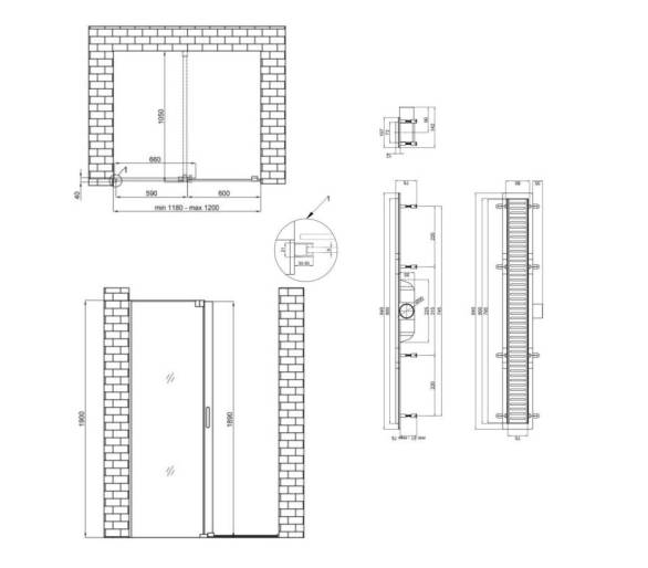 Стена Walk-In GLIDE 120x190 + Ленейний трап 900мм