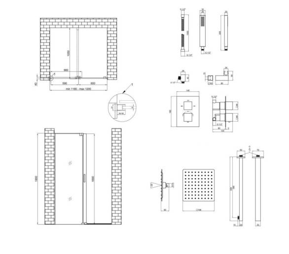 Стена Walk-In GLIDE 120x190 + Душ.набор скрытый с термостатом
