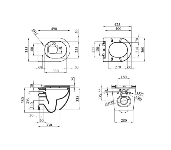Унитаз подвесной Kroner Harz WHI493736 RIMLESS безоботковый