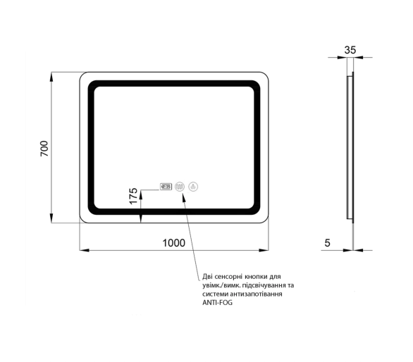 Зеркало Qtap Mideya с LED, часы 1000х700
