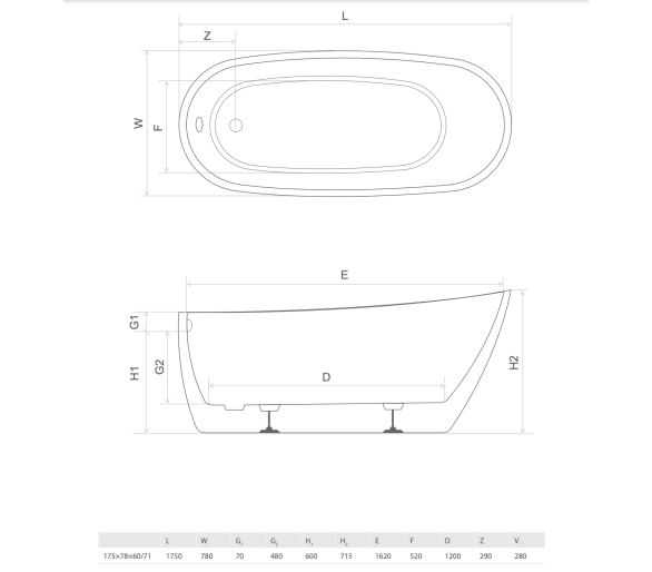Акриловая ванна RADAWAY NIKIA 175x78 см.