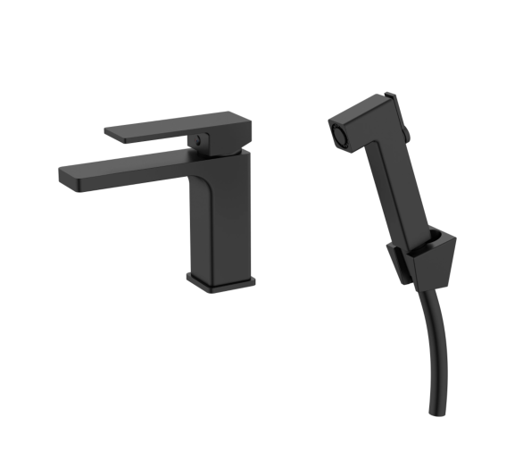 Змішувач для раковини (з гігієнічним душем) Qtap Gemini Black Matt