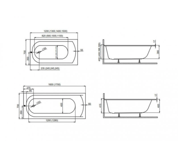 Акриловая ванна Polimat Classic Slim 140x70 прямоугольная