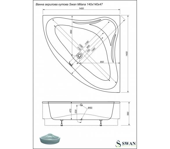 Акриловая ванна Swan Milana 140x140 см
