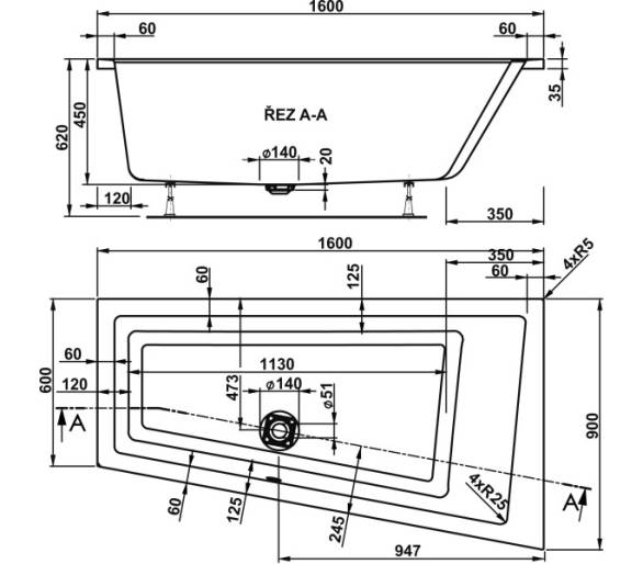 Ванна акрилова VagnerPlast Cavallo Offset 160x90 L/R