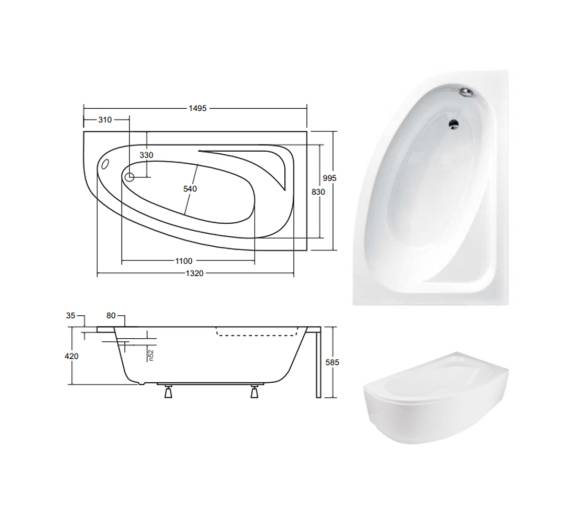 Акриловая ванна BESCO CORNEA 150x100 см. L/R