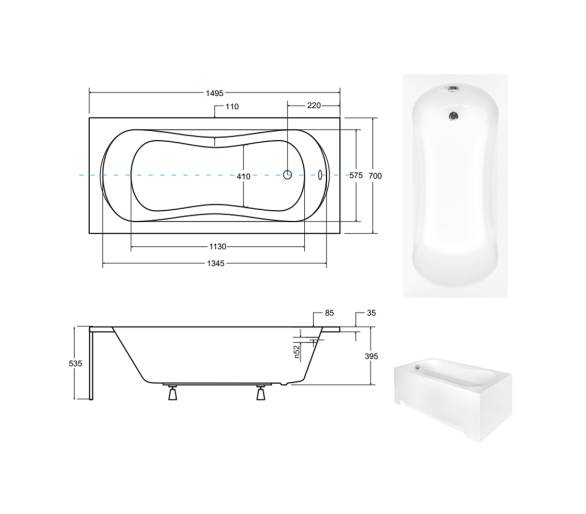 Акрилова ванна BESCO ARIA 150x70 см.