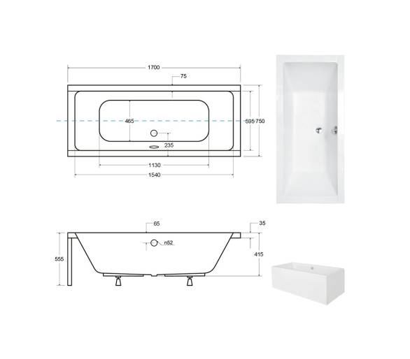 Акрилова ванна BESCO QUADRO 170x75 см.