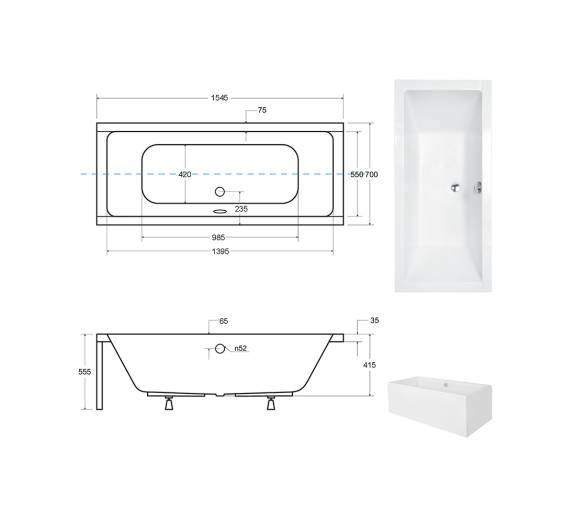 Акриловая ванна BESCO QUADRO 155x70 см.