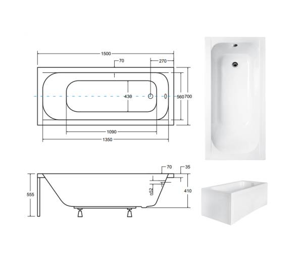 Акрилова ванна BESCO CONTINEA 150x70 см.